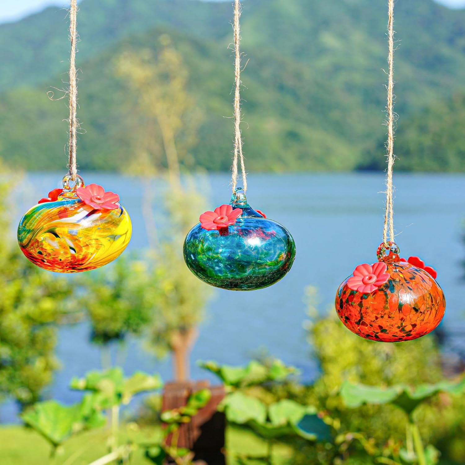 NEW ITEM - Set of 3 Blown Glass Hummingbird Feeders – Colorful Mini Garden Hanging Orbs