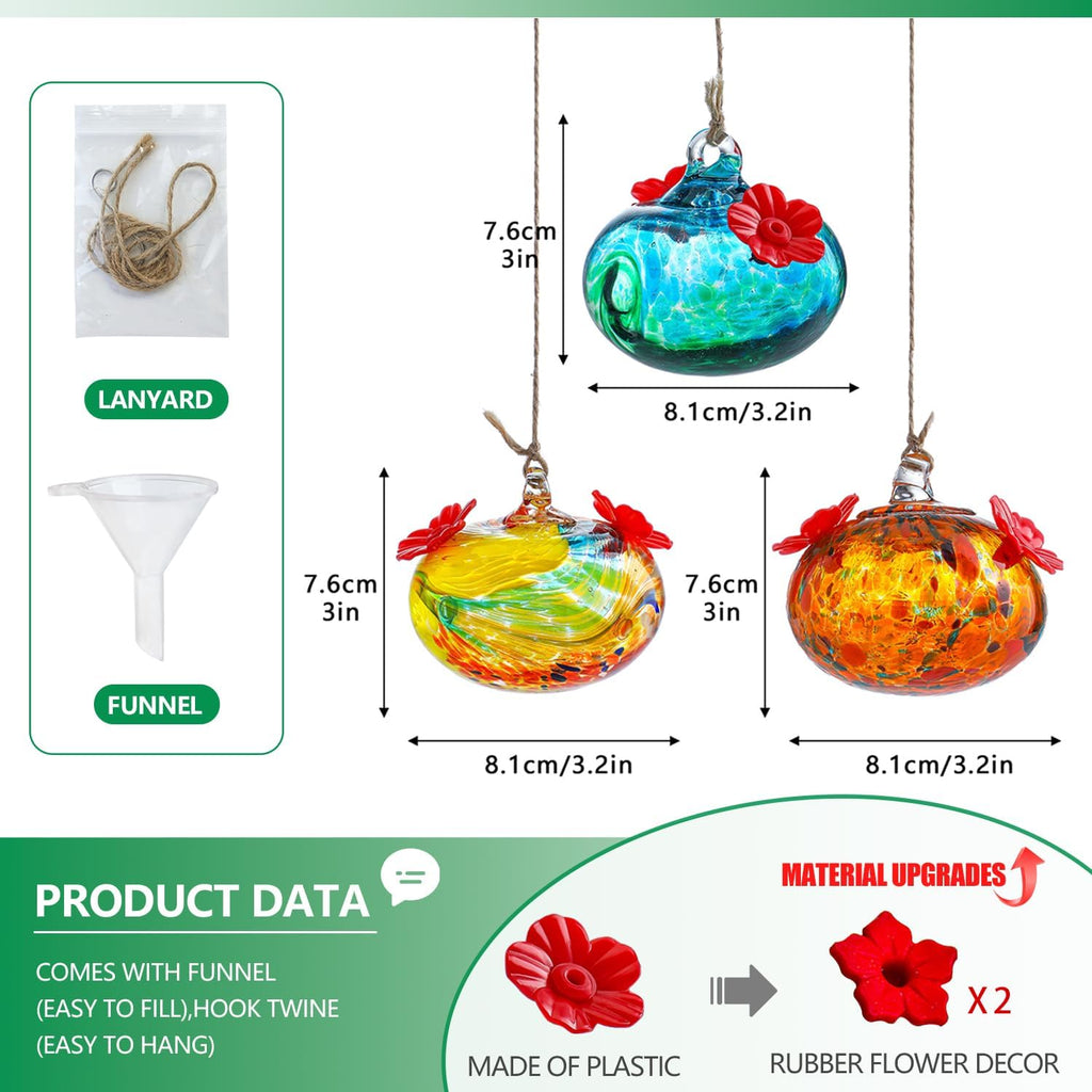 NEW ITEM - Set of 3 Blown Glass Hummingbird Feeders – Colorful Mini Garden Hanging Orbs