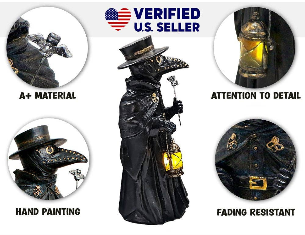 Plague Doctor Creepy Home Figurine, 8" LED Haunted Halloween