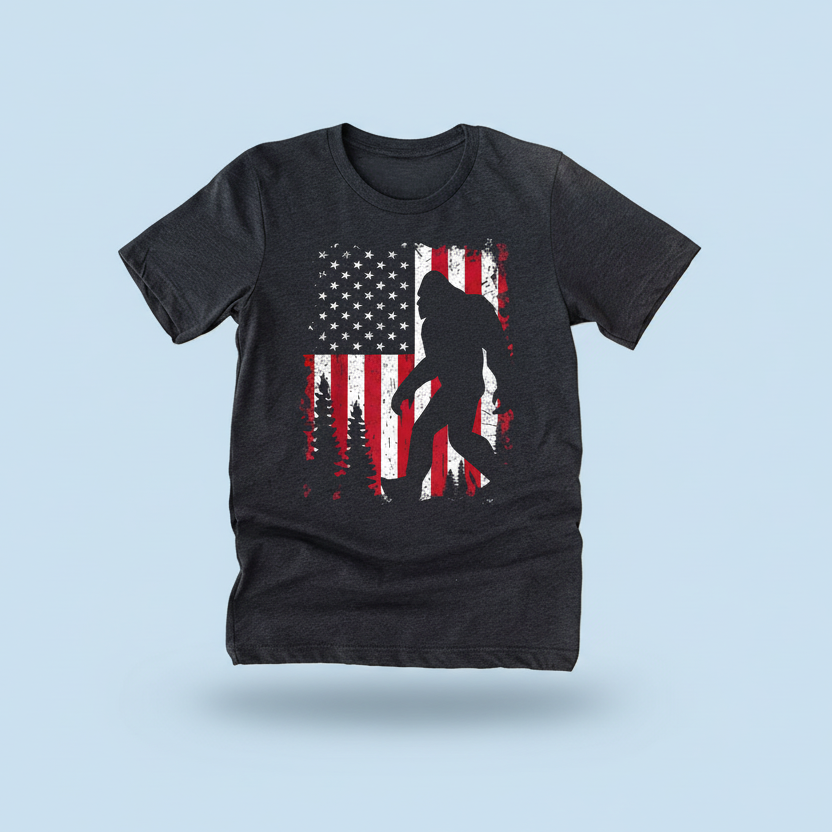 Patriotic Bigfoot Tee – Rustic USA Flag Sasquatch Shirt- Adult - Unisex